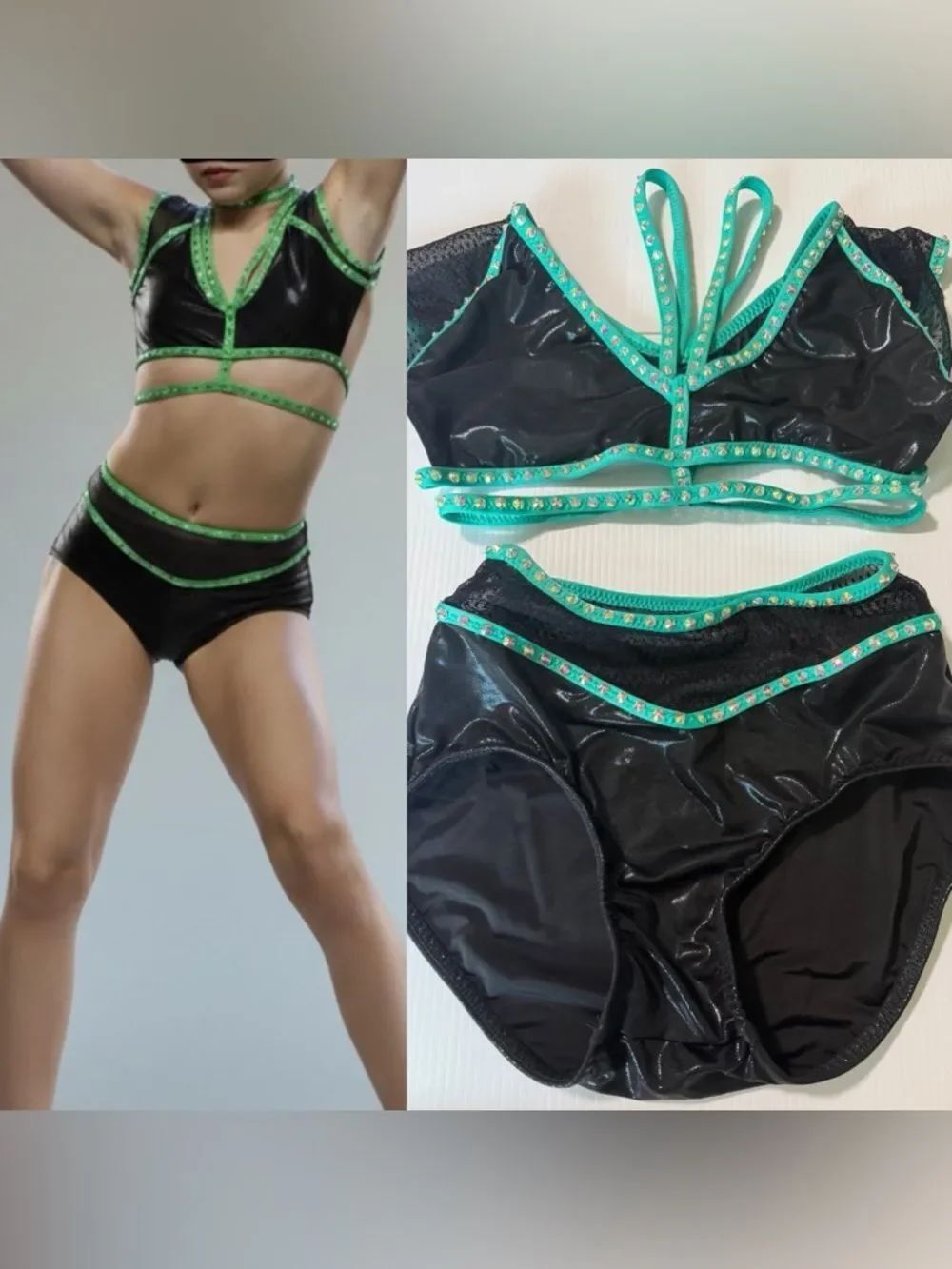Custom dance costume leotard black aqua blue 2 piece SA-Small adult